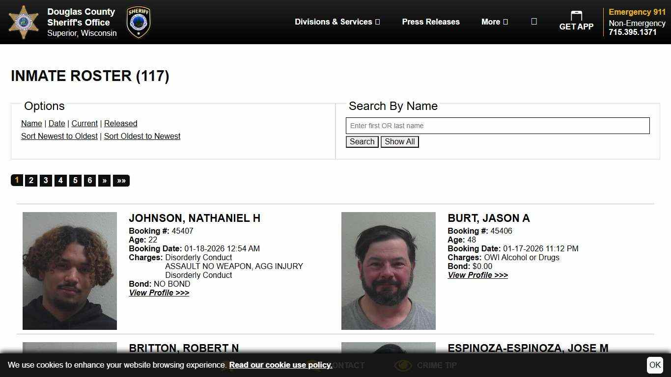 Inmate Roster | Douglas County Sheriff WI | Sort Booking Time - Descending | Page 1